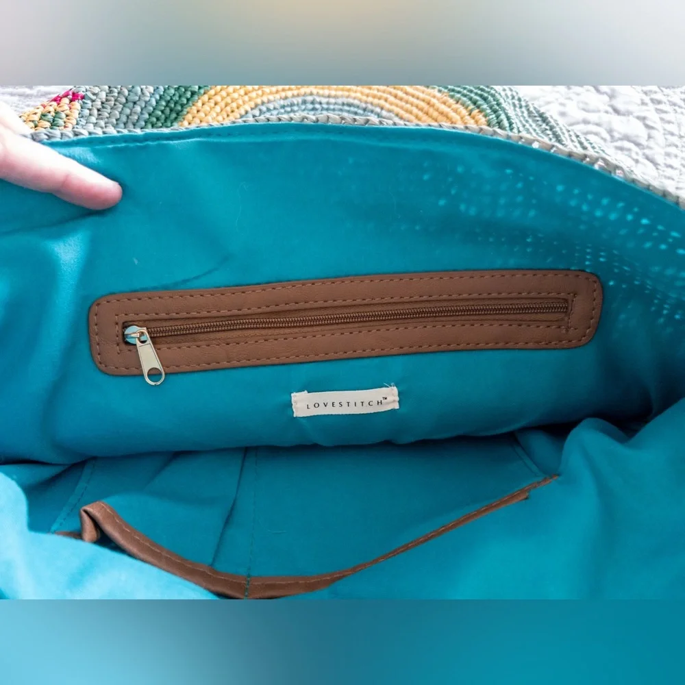 NWOT Lovestitch Raffia Bucket Bag Diamond Pattern Aqua Yellow OS